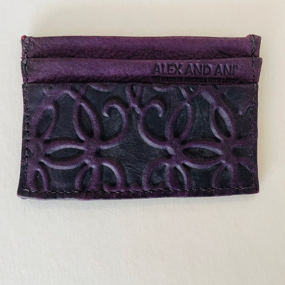 Alex And Ani Gabriel Dark Purple /Amethyst Genuine Leather Card Case